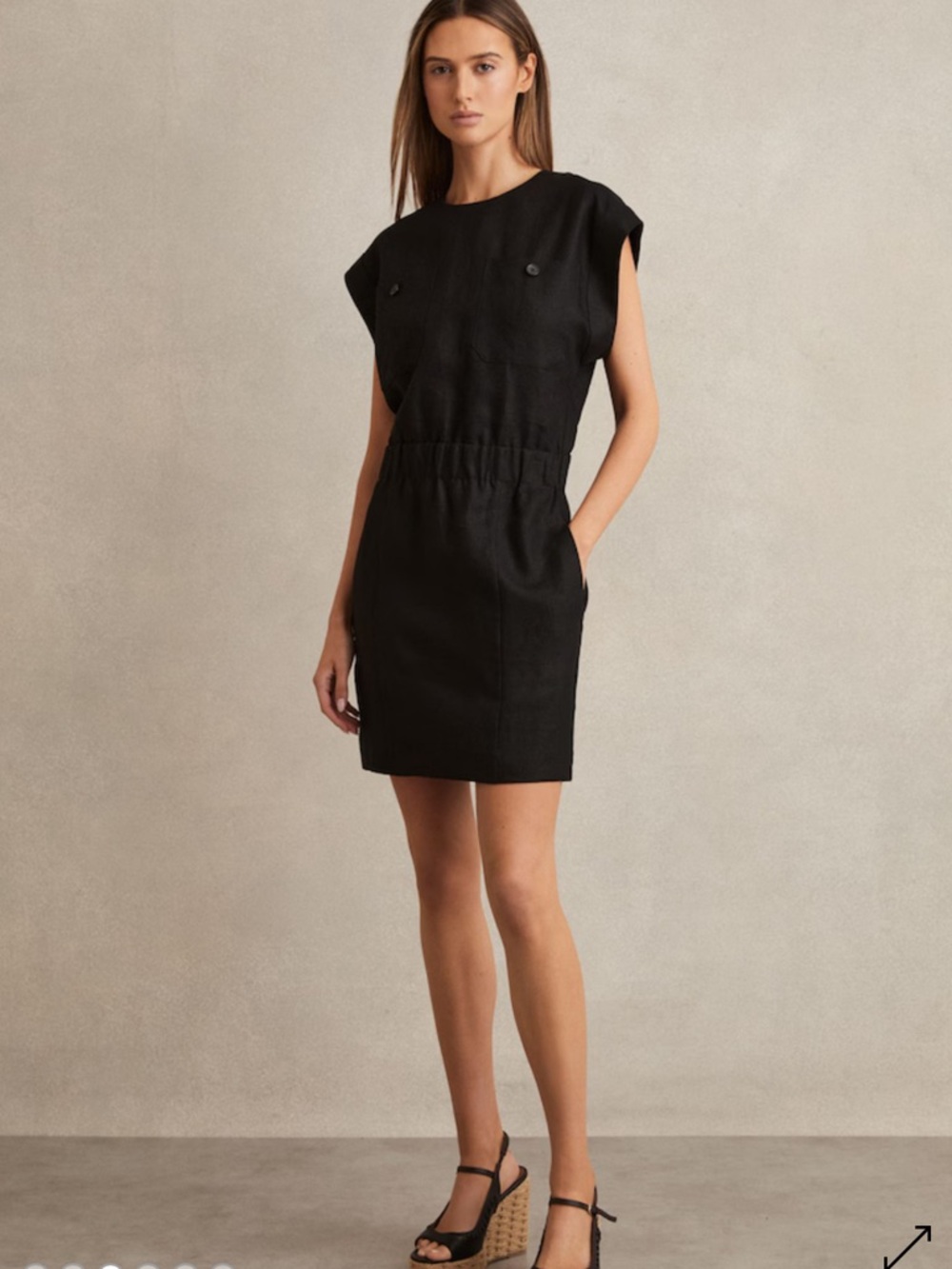 Reiss Karly Black Linen Short Sleeve Mini Dress
